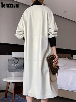 Nerazzurri Spring Autumn Loose Long Leather Trench Coat for Women with V Neck Raglan Sleeve Pockets Luxury Designer Clothes 2022
