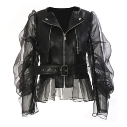 Vintage High Street PU Leather Patchwork Mesh Women Motorcycle Jackets Y2K Harajuku See-through Puff Sleeve Coat chaquetas