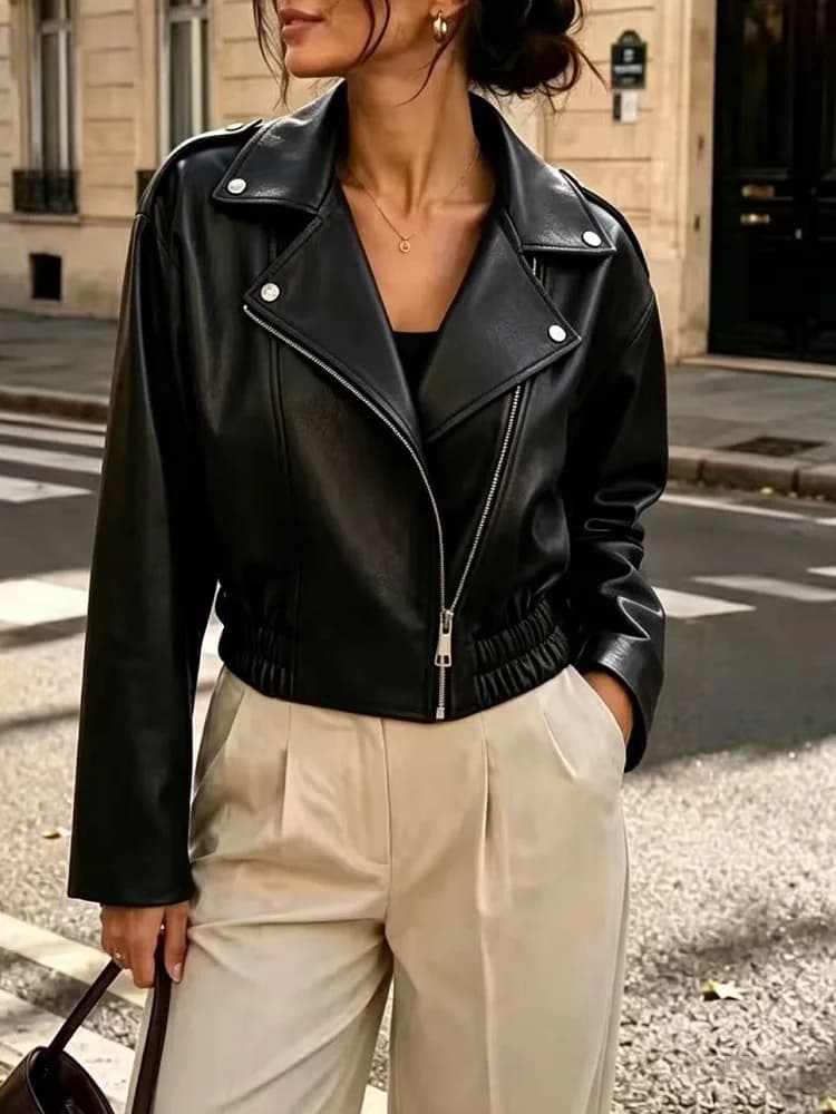 Long sleeve plus size Pu vintage casual loose spring autumn Faux Leather Moto Jacket women crop tops