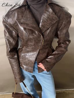 Street Women's Short Leather Jacket Slim Waist Cinched Lapel Long Sleeve Zipper Female Coat 2026 Autumn Lady Fashion Jackets