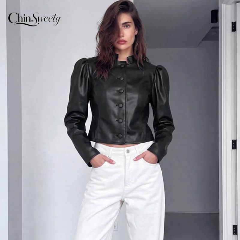 Cropped PU Leather Women's Jackets Coats Puff Sleeve Single Breasted Coat Button Slim Fit Short Jacket Vintage Lady Outerwear