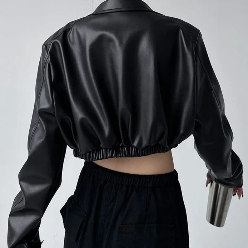Y2k Black New PU Leather Jacket Cropped Jacket Long-sleeved Top Motorcycle Jackets Design Loose Streetwear Coat Trendy Vintage