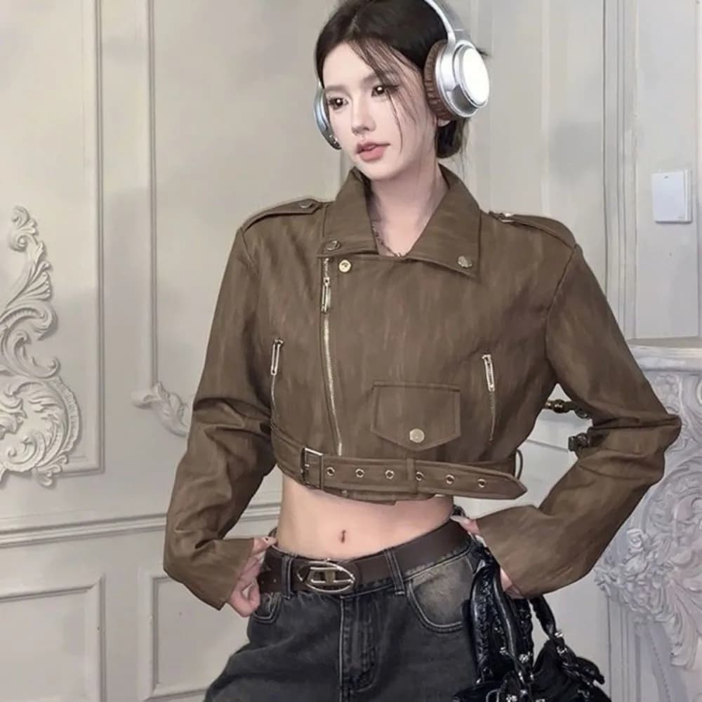 Y2k Retro Brown Faux Leather Jacket Outerwear Women Spring Autumn American Loose Cropped Jacket PU Leather Biker Coats Harajuku