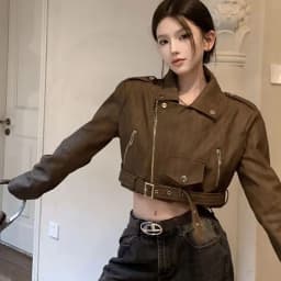 Y2k Retro Brown Faux Leather Jacket Outerwear Women Spring Autumn American Loose Cropped Jacket PU Leather Biker Coats Harajuku