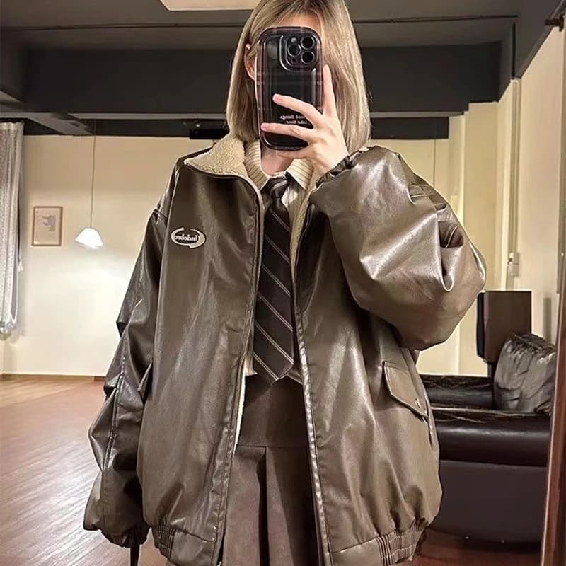 Reversible Brown Women Pu Jacket Sherpa Lined Coat Zip Up Fleece Oversized Retro Moto Streetwear Y2K Winter Outerwear Top
