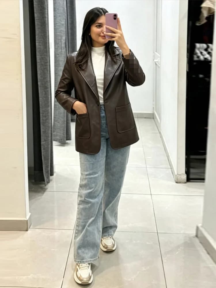 2026 Autumn Faux Leather Blazer Jacket Lapel Collar Single Breasted Big Patch Pockets Loose Vintage Minimalist Outerwear Coat