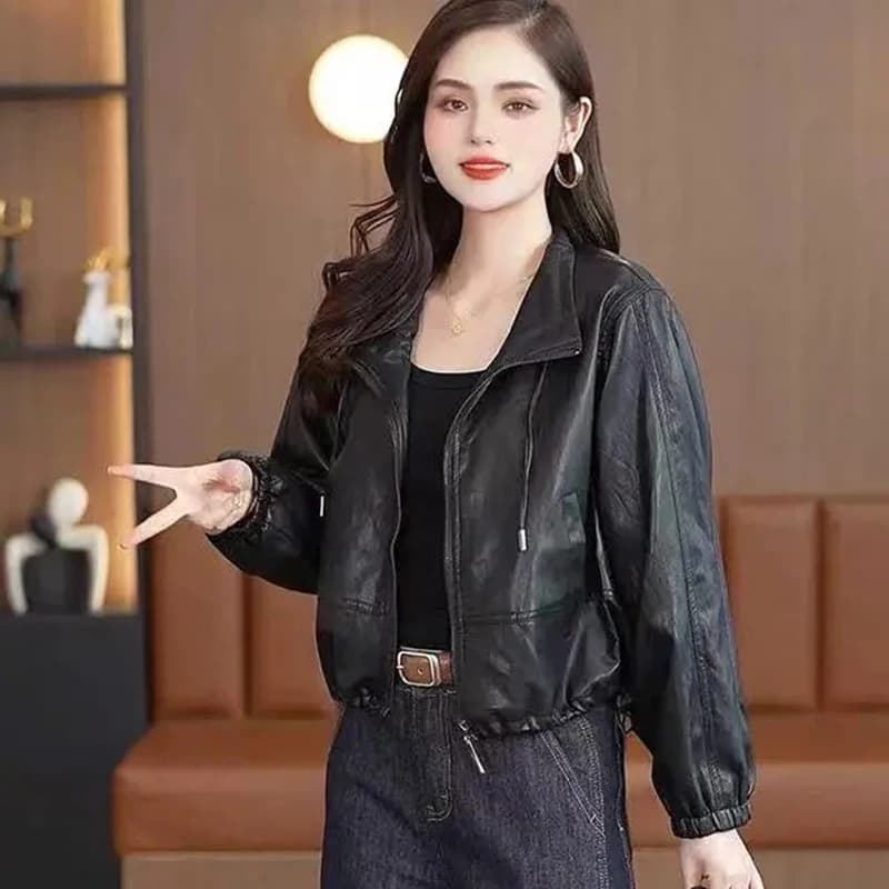 Chic Black Women Faux Leather Jacket Zip Up Lapel Collar Drawstring Hem Loose Oversized Pockets Streetwear Moto Outerwear Top