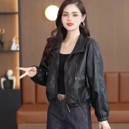 Chic Black Women Faux Leather Jacket Zip Up Lapel Collar Drawstring Hem Loose Oversized Pockets Streetwear Moto Outerwear Top