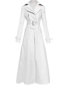 Mauroicardi Spring Autumn White Fitted Long Pu Leather Coat Women Zipper Belt Elegant Chic Luxury Designer Fake 2 Clothes 2024