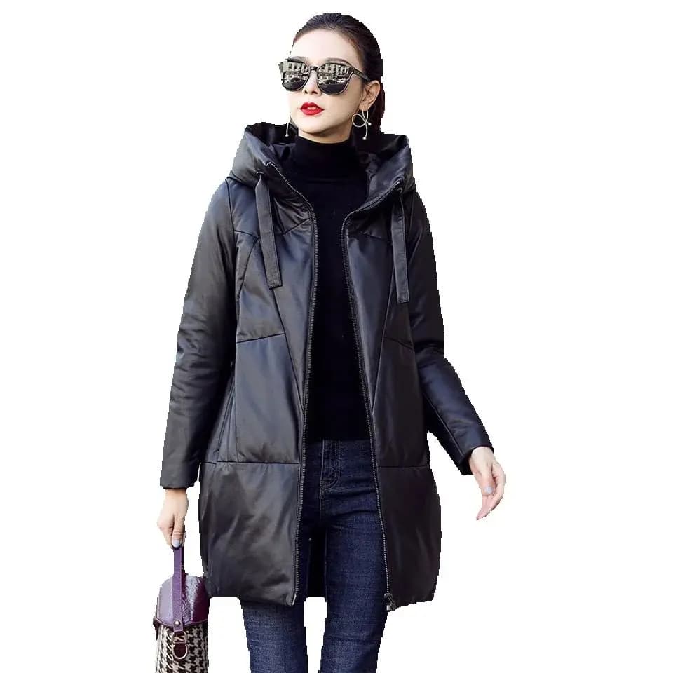 Black PU Leather Coat Hooded Down Cotton Clothes Women's 2024 Winter Cocoon-Type Thick Loose Cotton-Padded Jacket Thick Parkas