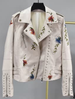 Ailegogo Women Vintage Floral Print Embroidery Pu Faux Leather Jacket Spring Autumn Female Zipper Punk Moto Biker Coat Outwear