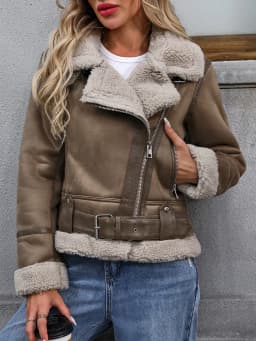 Ailegogo Autumn Winter Women Retro Loose Thick Warm Faux Lamb Fur Coat Streetwear Female Moto Biker Coat Zipper Belt Outwear