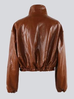 Mauroicardi Spring Autumn Short Black Brown Crocodile Print Faux Leather Jacket Women Stand Collar Button Up Luxury Clothes 2025