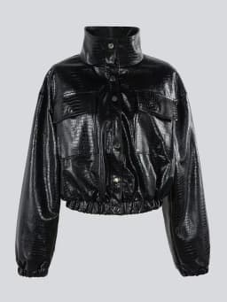 Mauroicardi Spring Autumn Short Black Brown Crocodile Print Faux Leather Jacket Women Stand Collar Button Up Luxury Clothes 2025