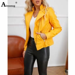Yellow Red Faux Pu Leather Jackets 2025 Spring Autumn Fashion Zip up Top Outerwear Lady Basic Coats Plus Size Female Jackets New
