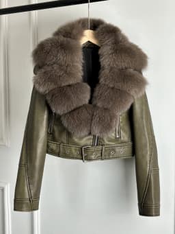 Lagabogy 2024 Big Real Fox Fur Women Vintage Pu Faux Leather Short Jacket With Belt Streetwear Female Zipper Retro Coat Outwear