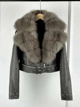 Lagabogy 2024 Big Real Fox Fur Women Vintage Pu Faux Leather Short Jacket With Belt Streetwear Female Zipper Retro Coat Outwear
