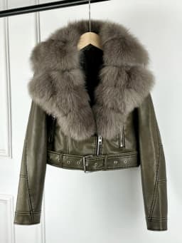 Lagabogy 2024 Big Real Fox Fur Women Vintage Pu Faux Leather Short Jacket With Belt Streetwear Female Zipper Retro Coat Outwear