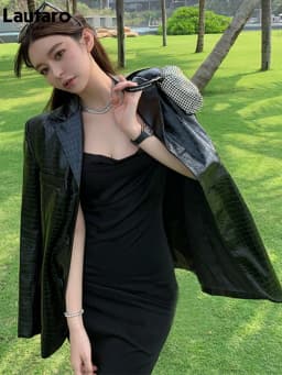 Lautaro-Women's Crocodile Print PU Leather Blazers, Single Breasted Jacket, Shiny Reflective, Black, Pink, Spring, Fashion
