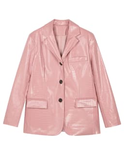 Lautaro-Women's Crocodile Print PU Leather Blazers, Single Breasted Jacket, Shiny Reflective, Black, Pink, Spring, Fashion