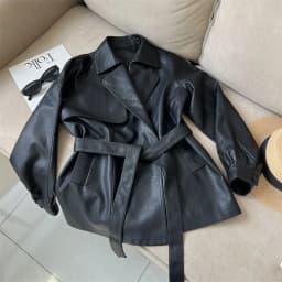 2025 New Western-style Lace Up Women's Leather Jacket With Spring And Autumn Waist Cinching Temperament Loose Windbreaker Jacket