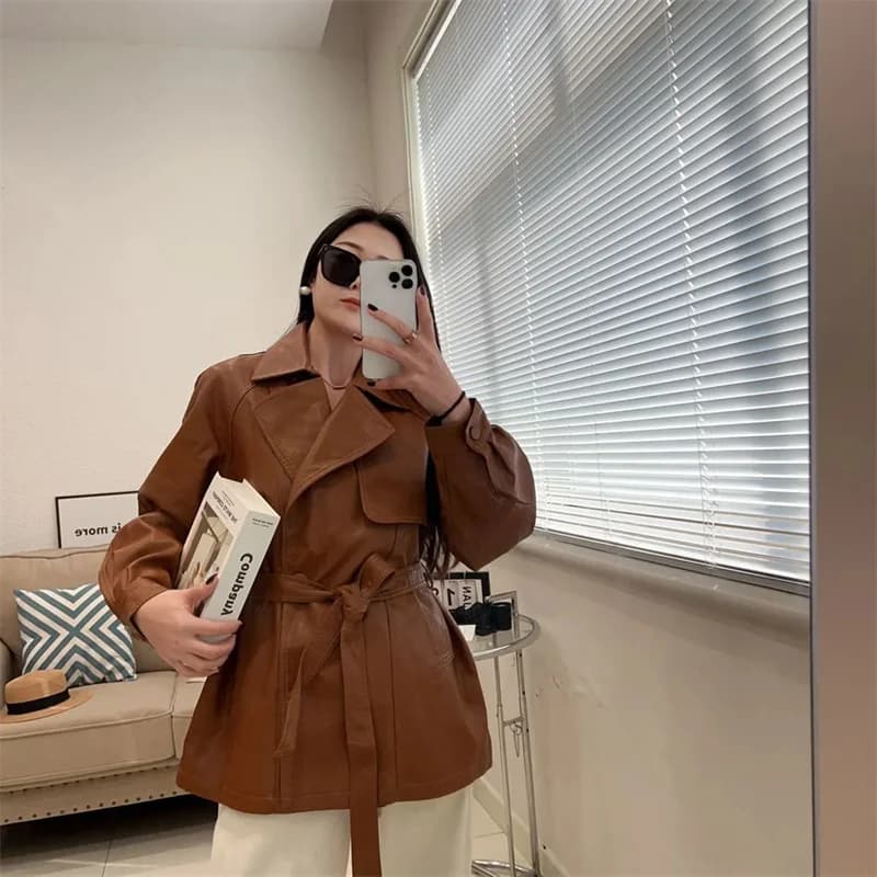 2025 New Western-style Lace Up Women's Leather Jacket With Spring And Autumn Waist Cinching Temperament Loose Windbreaker Jacket