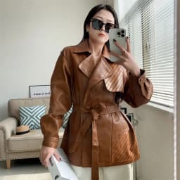 2025 New Western-style Lace Up Women's Leather Jacket With Spring And Autumn Waist Cinching Temperament Loose Windbreaker Jacket