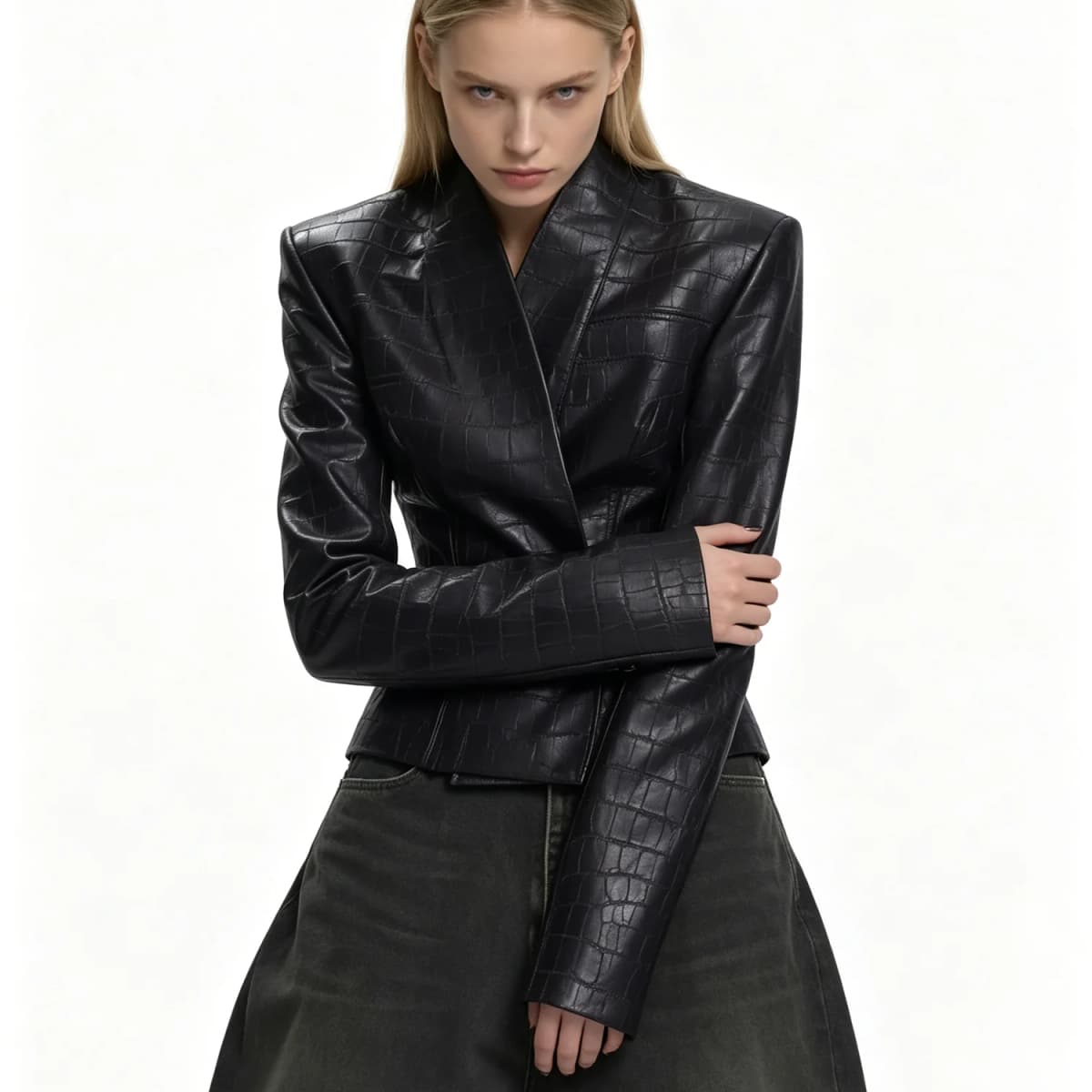 Women 2026 Croc Embossed Faux Leather Jacket V‑Neck Double‑Breasted Slim Fit Long Sleeve Chic Short Outerwear Coat