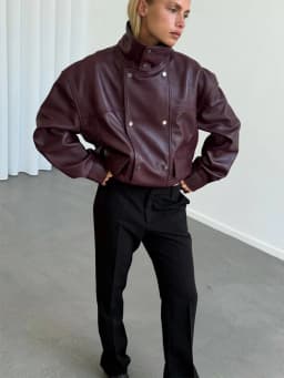 Burgundy Cropped Faux Leather Jacket Cool Long Sleeve Double Breasted Coat 2026 Autumn New Street Y2k Daily Commute Outerwear