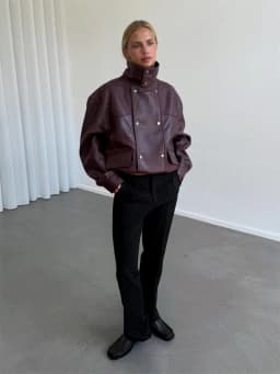 Burgundy Cropped Faux Leather Jacket Cool Long Sleeve Double Breasted Coat 2026 Autumn New Street Y2k Daily Commute Outerwear
