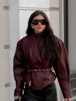 Burgundy Women Faux Leather Coat Lapel Puff Sleeve Belted Waist Cropped Outerwear 2026 Daily Autumn Streetwear Warm Jacket