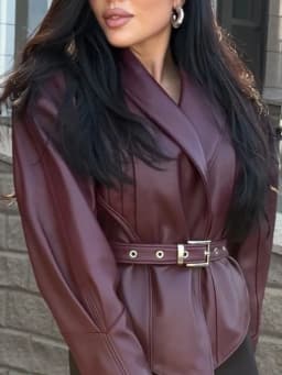 Burgundy Women Faux Leather Coat Lapel Puff Sleeve Belted Waist Cropped Outerwear 2026 Daily Autumn Streetwear Warm Jacket