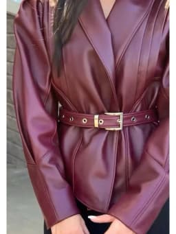 Burgundy Women Faux Leather Coat Lapel Puff Sleeve Belted Waist Cropped Outerwear 2026 Daily Autumn Streetwear Warm Jacket
