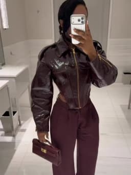 Women Retro Coated Cinched-waist Leather Jacket Lady Casual Lapel Full Sleeve Zipper Fishbone Coat 2026 Spring Daily Street Wear