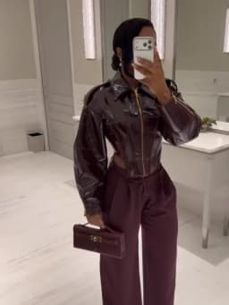 Women Retro Coated Cinched-waist Leather Jacket Lady Casual Lapel Full Sleeve Zipper Fishbone Coat 2026 Spring Daily Street Wear