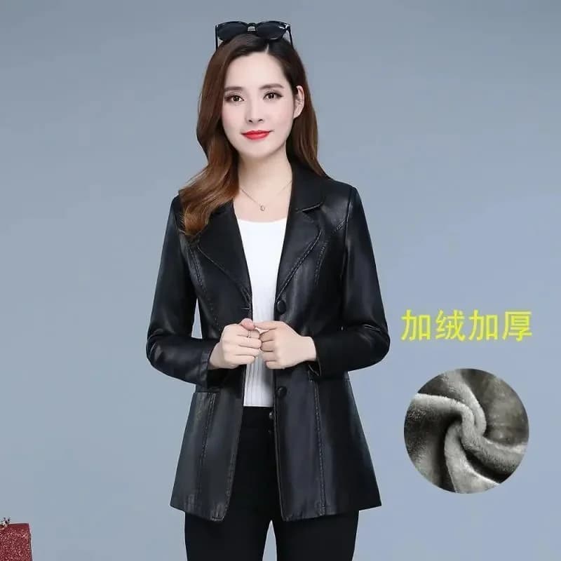 High Quality 2026 Autumn And Winter New Leather Leather Coat Women's Short Slim Suit Collar Leather Jacket Female's Coat Black