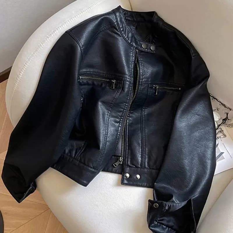 Luxury Black Leather Jacket Women Short Tops Motorcycle Jacket Spring Autumn Clothing  Jacket Vintage Brown PU Leather Coat Zip
