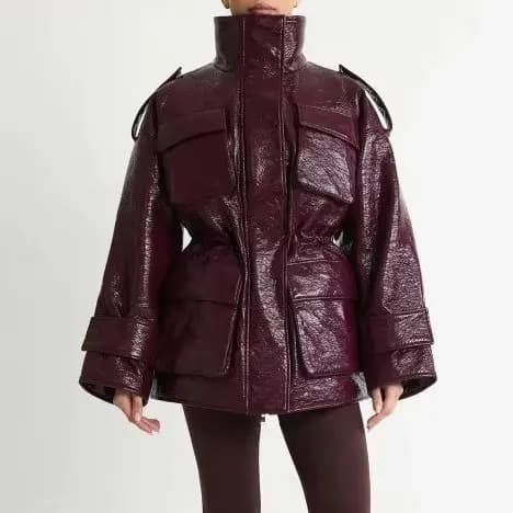 Women Burgundy Patent Leather Stand Collar Epaulet Multi Pocket Drawstring Waist Mid-Length Puffer Jacket, Winter Warm Streetwea