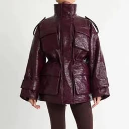 Women Burgundy Patent Leather Stand Collar Epaulet Multi Pocket Drawstring Waist Mid-Length Puffer Jacket, Winter Warm Streetwea