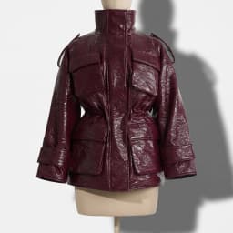 Women Burgundy Patent Leather Stand Collar Epaulet Multi Pocket Drawstring Waist Mid-Length Puffer Jacket, Winter Warm Streetwea