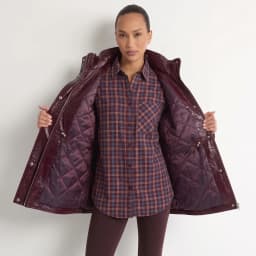 Women Burgundy Patent Leather Stand Collar Epaulet Multi Pocket Drawstring Waist Mid-Length Puffer Jacket, Winter Warm Streetwea
