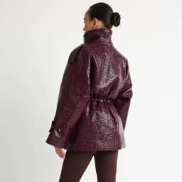 Women Burgundy Patent Leather Stand Collar Epaulet Multi Pocket Drawstring Waist Mid-Length Puffer Jacket, Winter Warm Streetwea