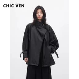CHIC VEN Korean Women Faux Leather Coat Loose Casual D-button Female Overcoat Mid Length Windbreaker Jacket Spring Autumn 2026