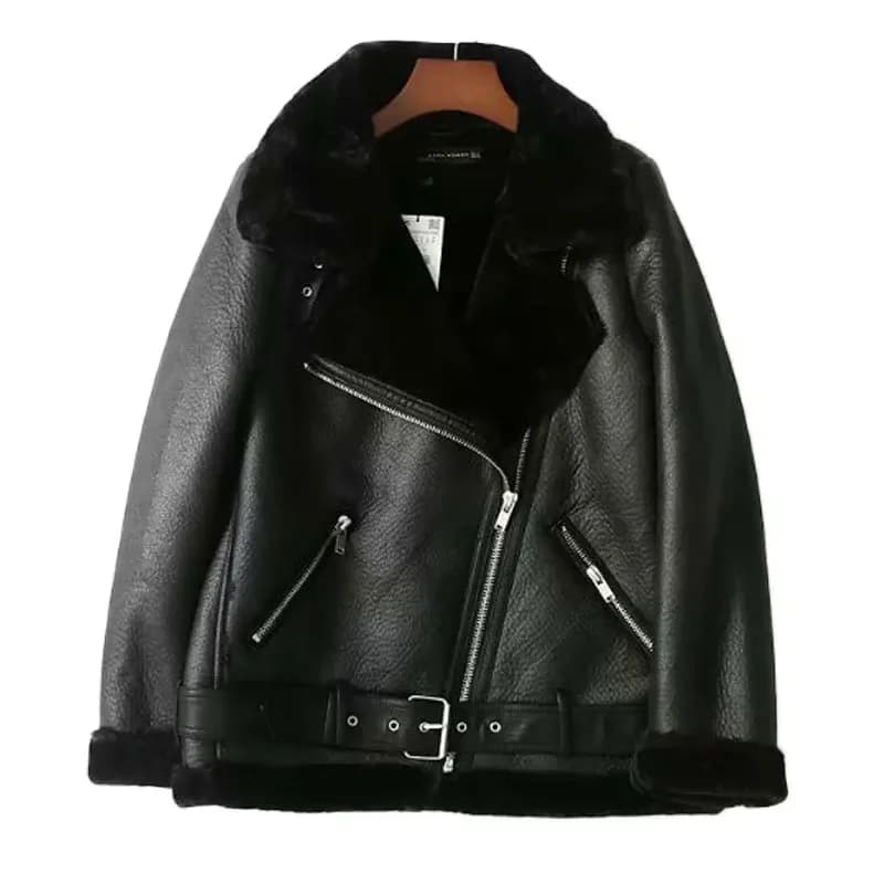 Winter Women Thick PU Leather Warm Suede Lamb Jacket Motorcycle Coats Faux Shearling Biker Sheepskin Leather Jackets Outwear