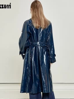 Nerazzurri Spring Autumn Waterproof Long Thin Soft Flowy Shiny Reflective Dark Blue Faux Leather Trench Coat for Women 2025