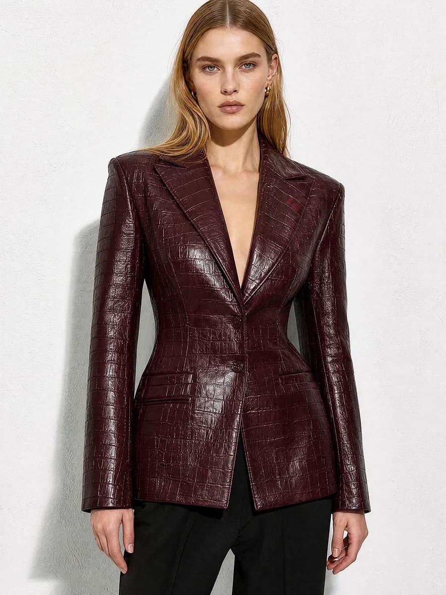 Women Burgundy Faux Leather Croc Embossed Blazer 2026 Slim Fit Padded Shoulder Jacket