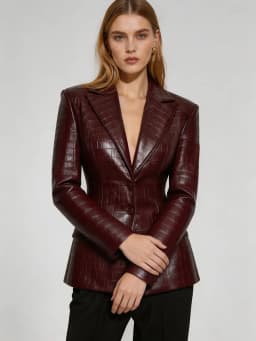 Women Burgundy Faux Leather Croc Embossed Blazer 2026 Slim Fit Padded Shoulder Jacket