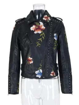 2026 New Women's High Street Floral Print Embroidery Faux Leather Jackets Female Moto & Biker Rivet Black Punk Outerwear Coats