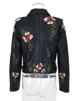 2026 New Women's High Street Floral Print Embroidery Faux Leather Jackets Female Moto & Biker Rivet Black Punk Outerwear Coats