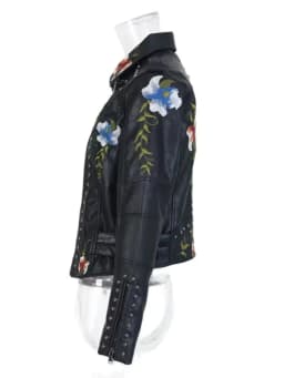 2026 New Women's High Street Floral Print Embroidery Faux Leather Jackets Female Moto & Biker Rivet Black Punk Outerwear Coats